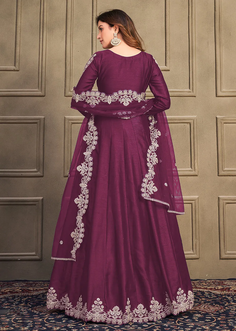 Stylish Plum Purple Art Silk Floor Length Anarkali Dress