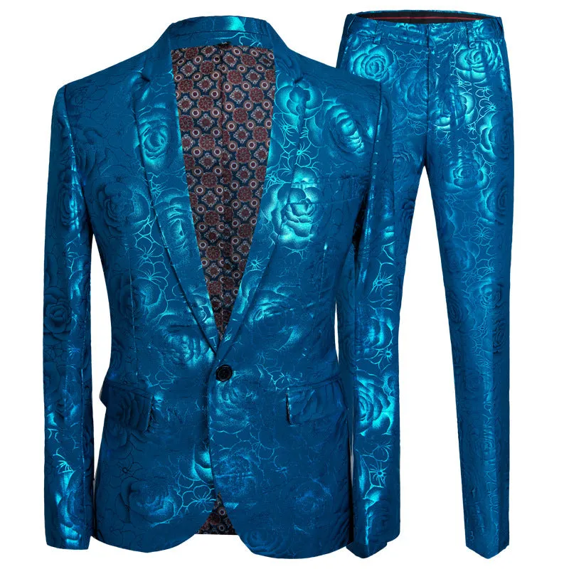 Stylish Shiny Blue Rose Print Men Two Pieces Suit