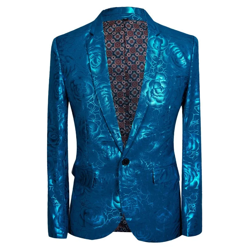 Stylish Shiny Blue Rose Print Men Two Pieces Suit