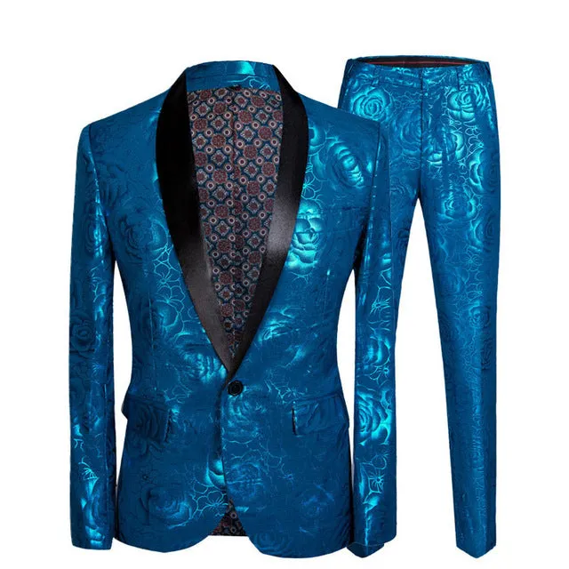 Stylish Shiny Blue Rose Print Men Two Pieces Suit