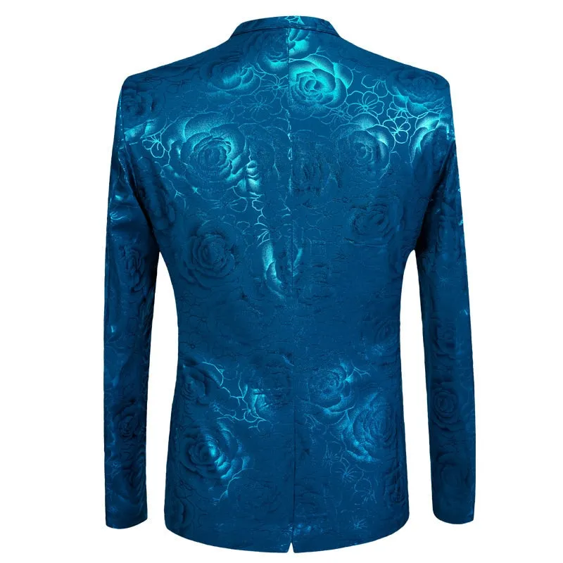 Stylish Shiny Blue Rose Print Men Two Pieces Suit