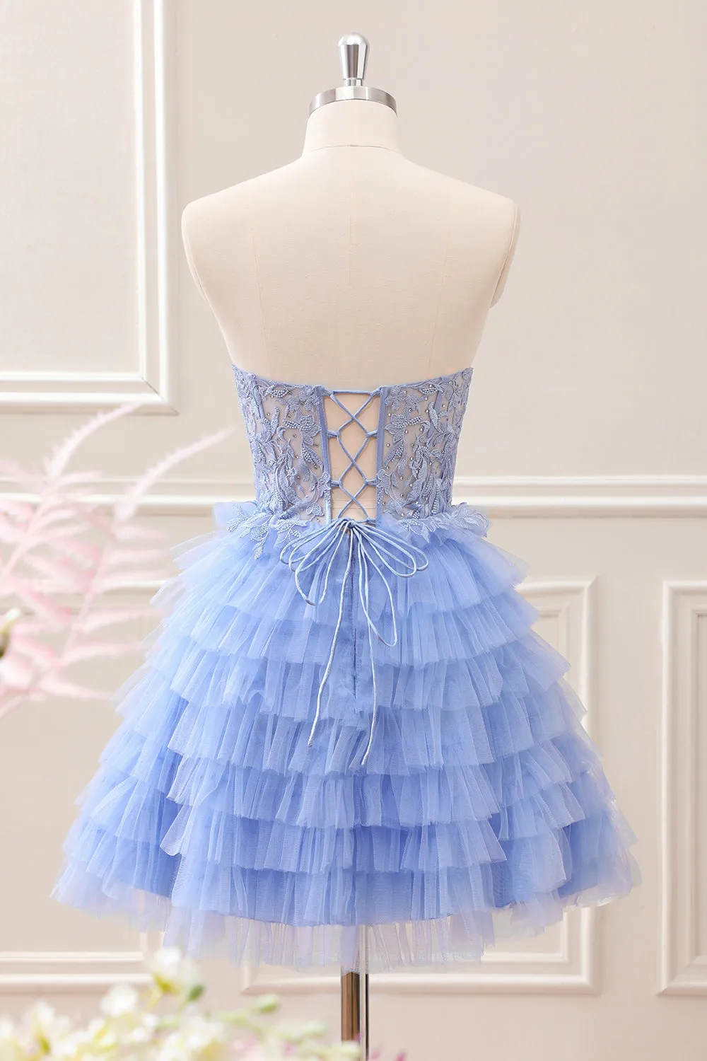 Sweetheart Lilac A-Line Corset Tulle Mini Dress with Lace