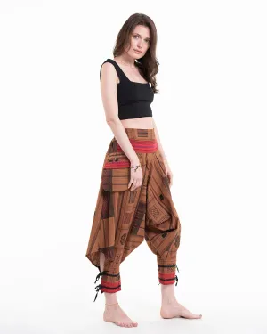 Thai Hill Tribe Fabric Harem Pants with Ankle Straps in Light Brown