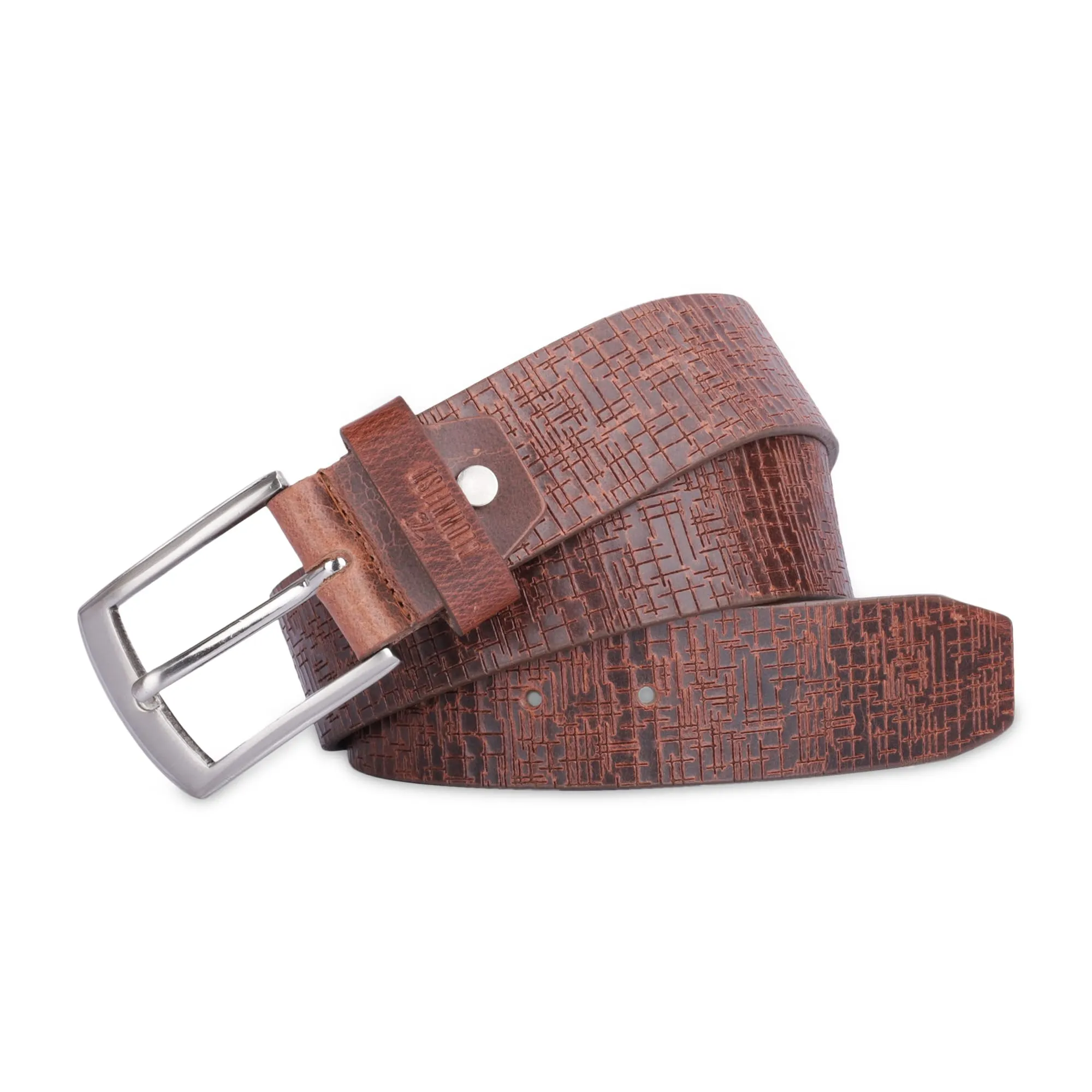 THE CLOWNFISH Men's Genuine Leather Belt with Textured Design- Tan (Size-36 inches)