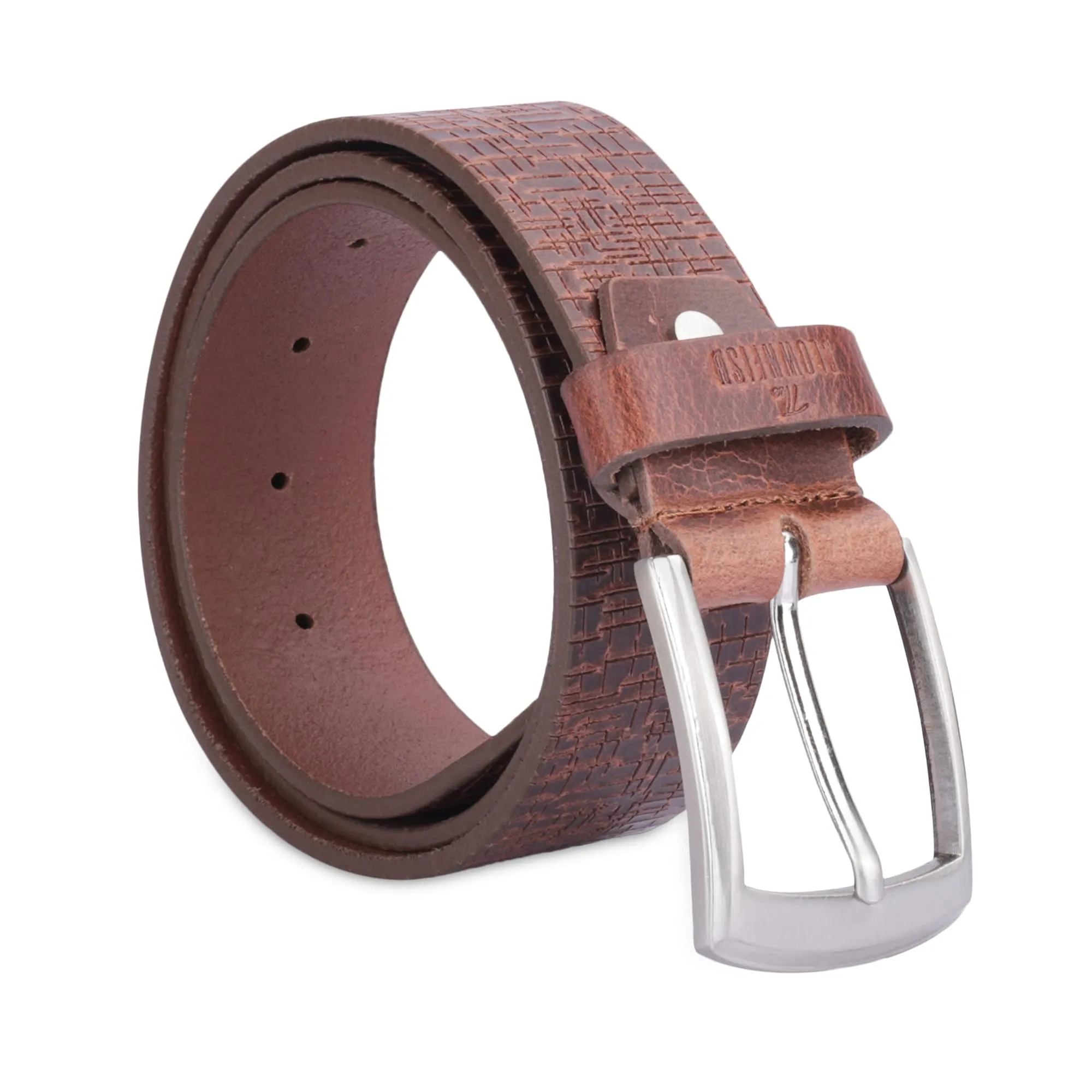 THE CLOWNFISH Men's Genuine Leather Belt with Textured Design- Tan (Size-36 inches)