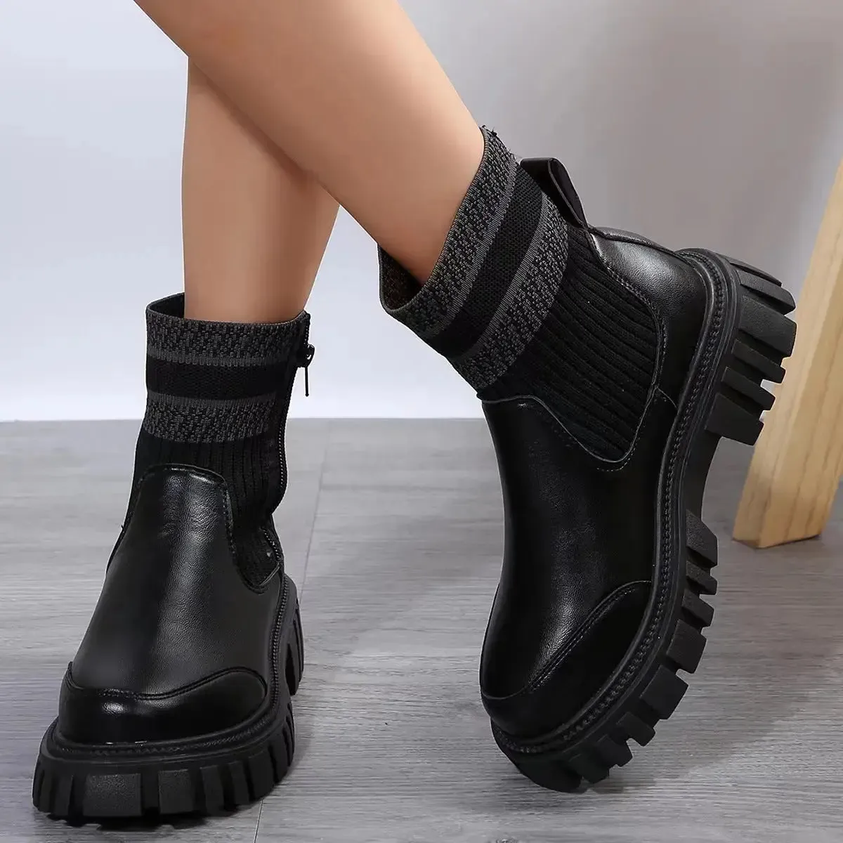 Thick Sole Elastic Knitted Patchwork Boots