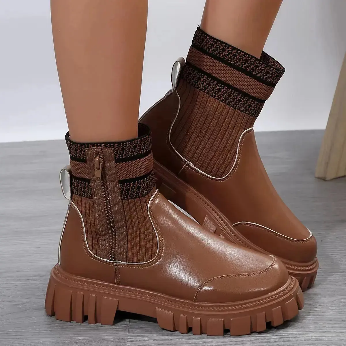 Thick Sole Elastic Knitted Patchwork Boots