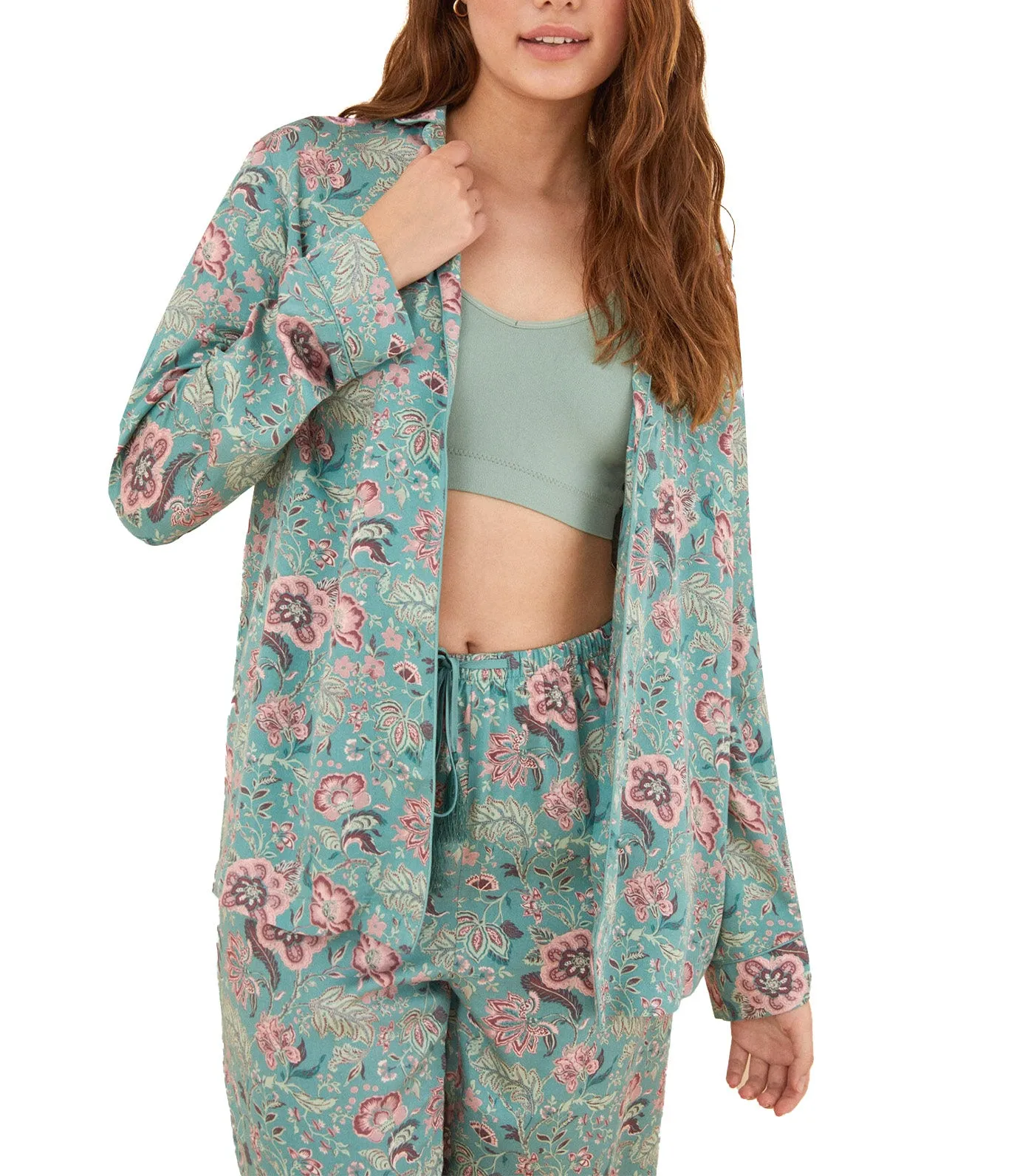 Viscose Satin Floral Shirt Pajamas Multicolor