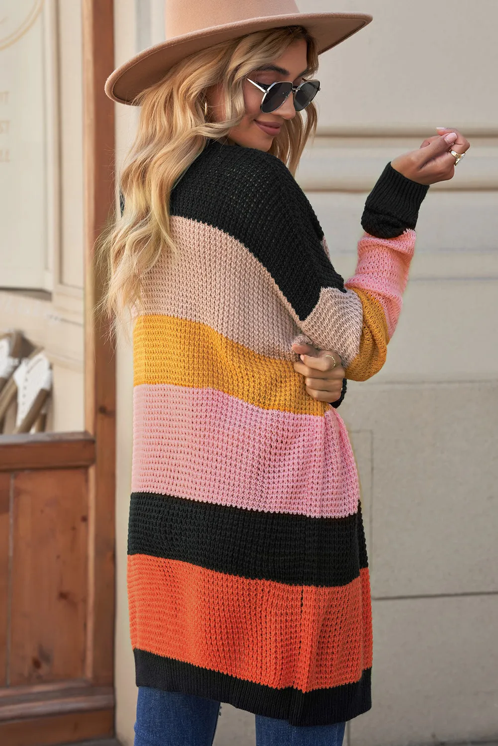 Waffle Knit Striped Open Front Cardigan