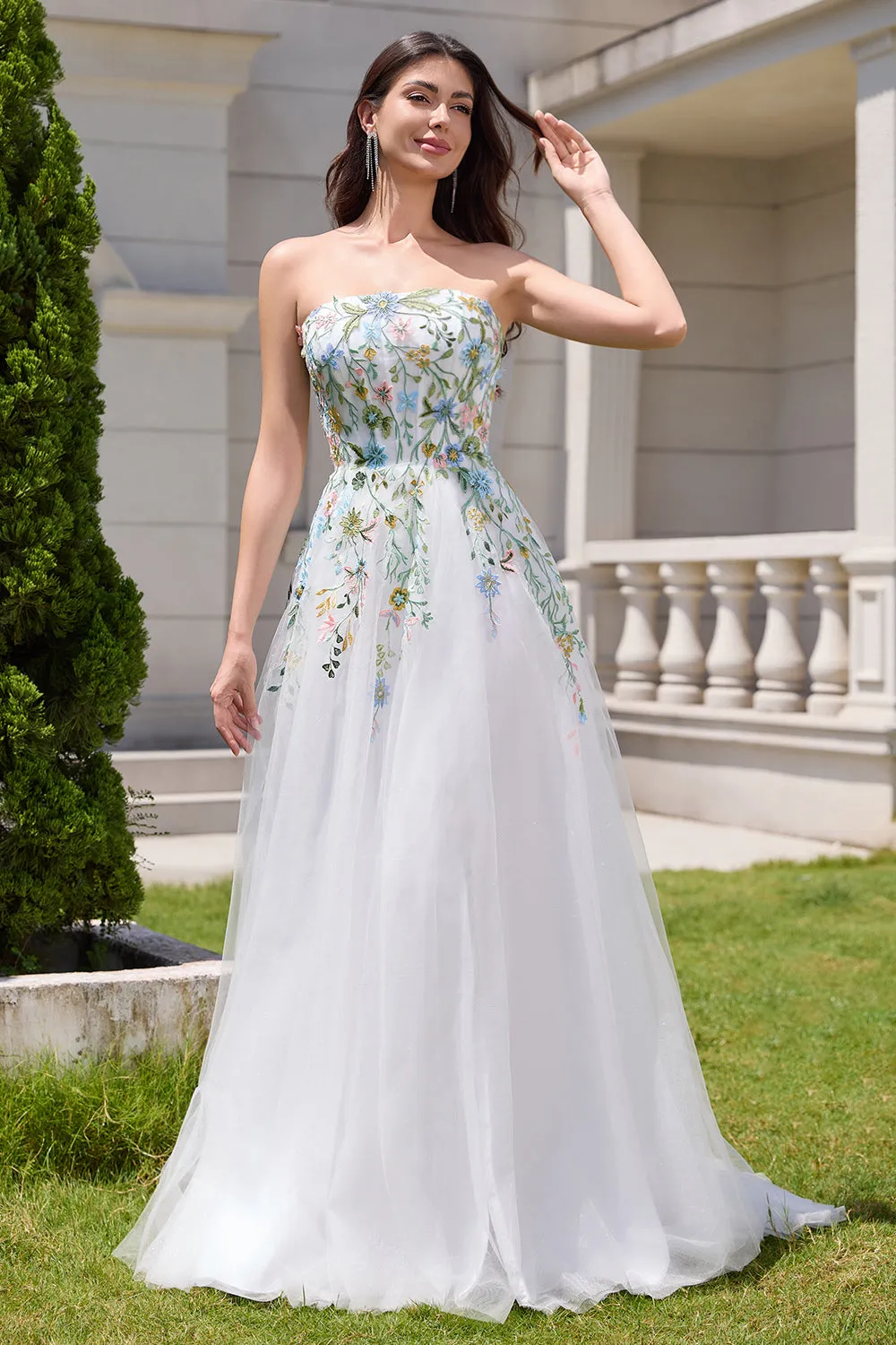 White A Line Strapless Floral Embroidery Corset Tulle Long Wedding Dress with Slit