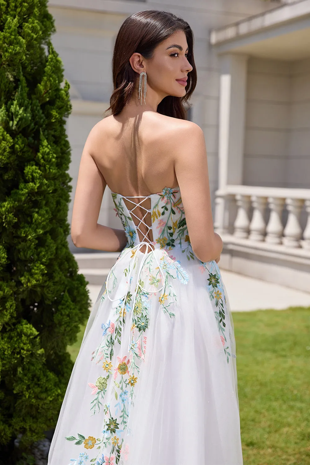 White A Line Strapless Floral Embroidery Corset Tulle Long Wedding Dress with Slit