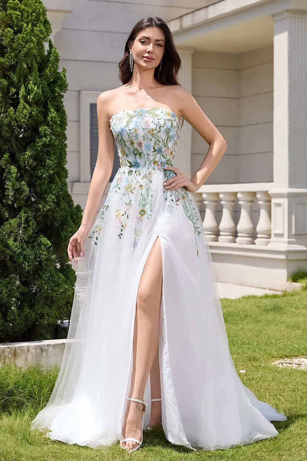 White A Line Strapless Floral Embroidery Corset Tulle Long Wedding Dress with Slit