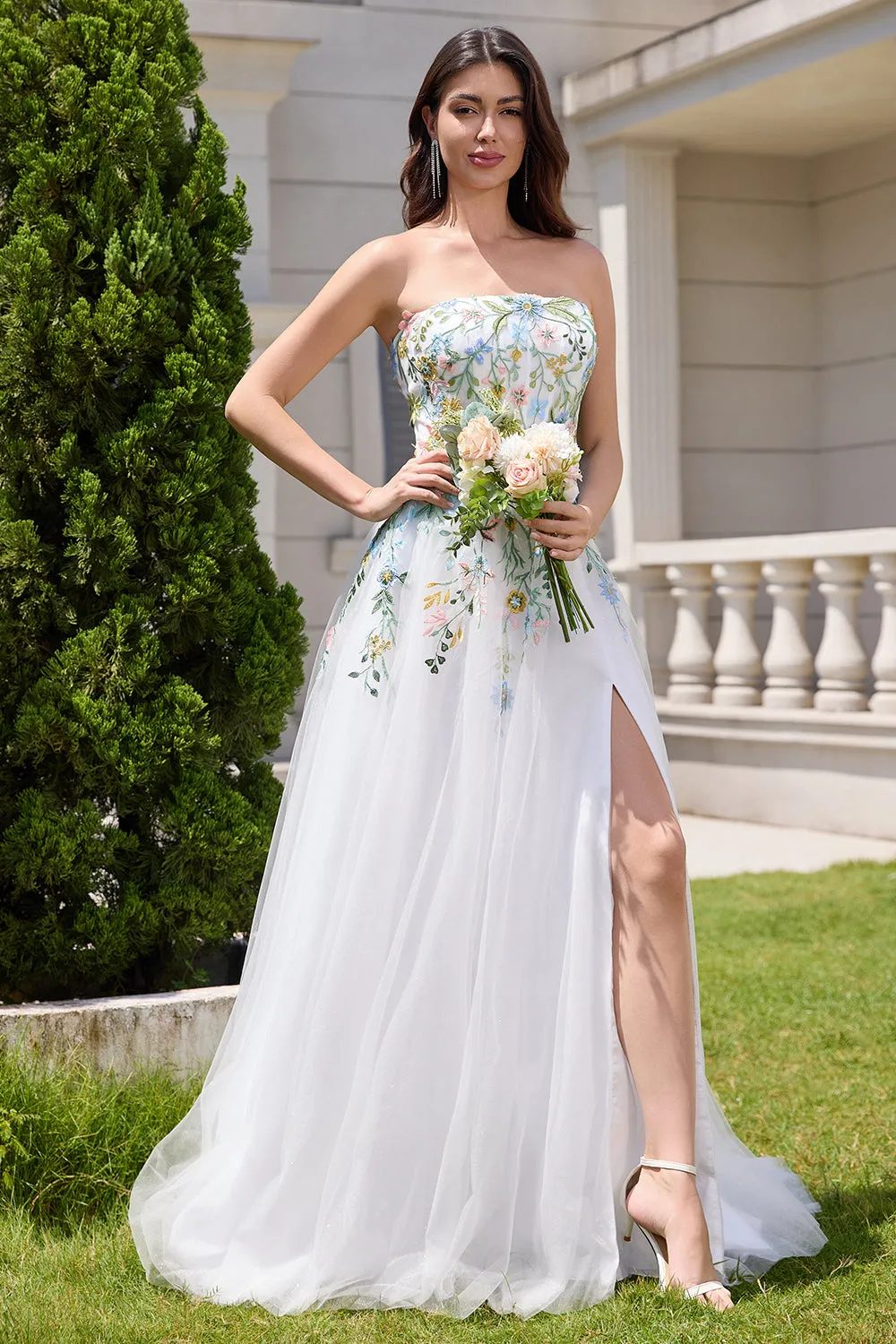 White A Line Strapless Floral Embroidery Corset Tulle Long Wedding Dress with Slit