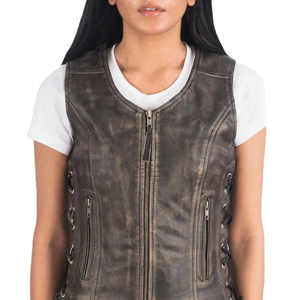 Womens Distressed Brown Leather Biker Vest